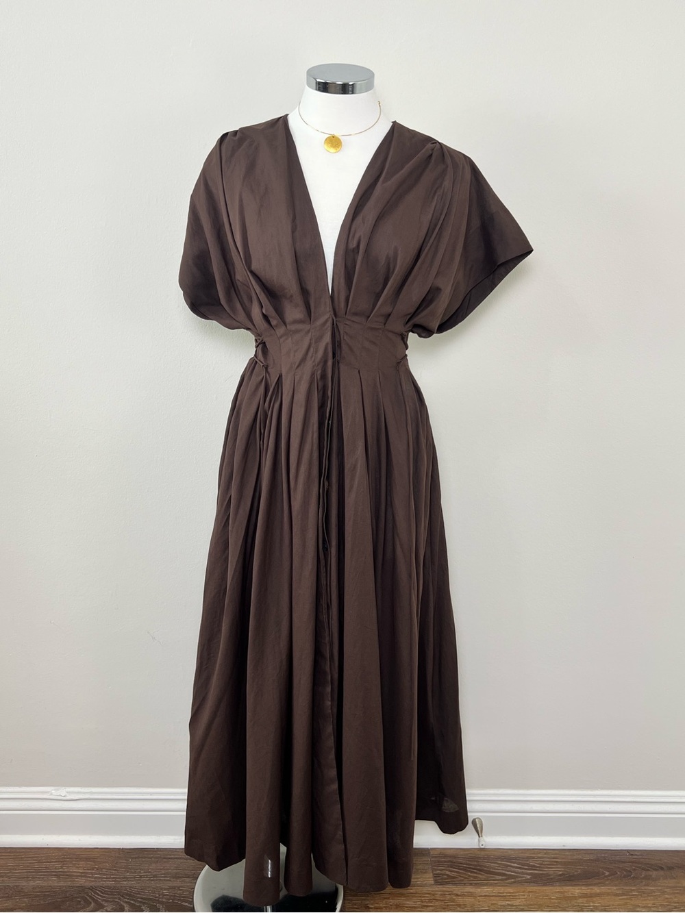 NWT Zara Brown Cotton Poplin Puff Sleeve Midi Dress Size M Pockets - Picture 8 of 12